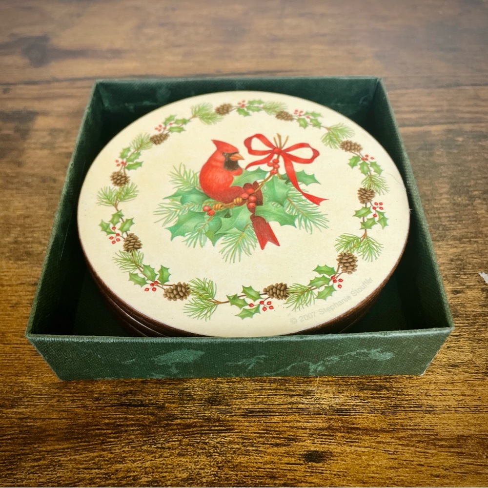 Festive Birds Holiday Coasters Set by Stephanie Stouffer | Cardinals Partridge